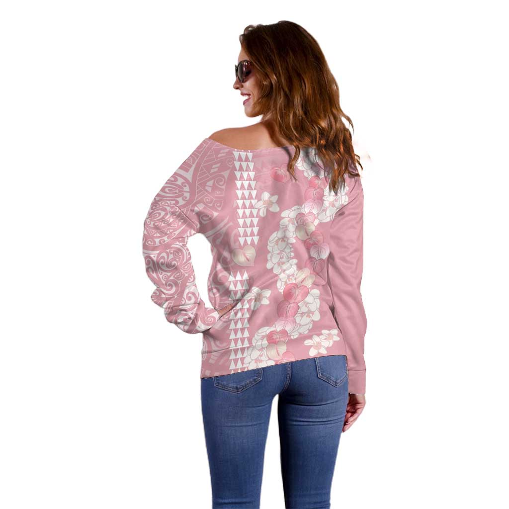 Soft Pink Hawaii Anthurium Plumeria Lei Off Shoulder Sweater LT9 - Polynesian Pride