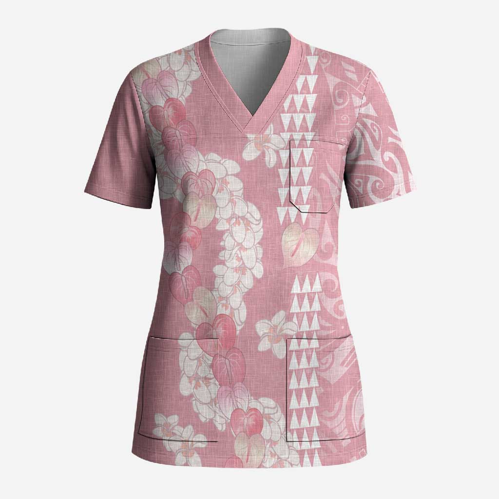 Soft Pink Hawaii Anthurium Plumeria Lei Scrub Top LT9 Adult Pink - Polynesian Pride