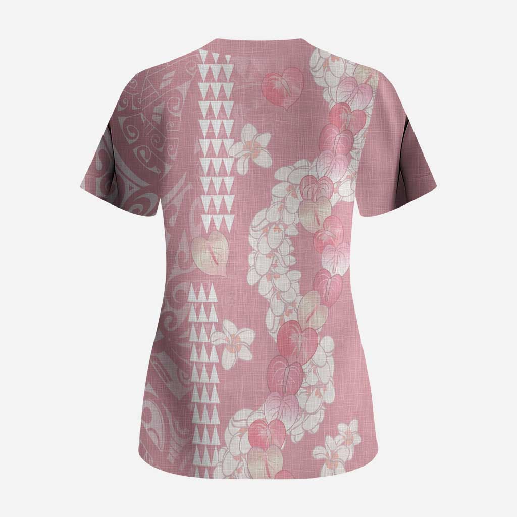 Soft Pink Hawaii Anthurium Plumeria Lei Scrub Top LT9 - Polynesian Pride
