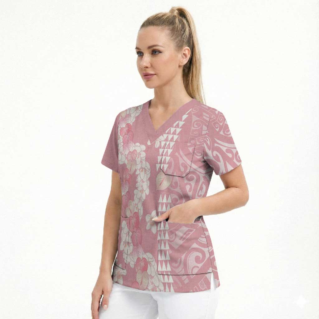 Soft Pink Hawaii Anthurium Plumeria Lei Scrub Top LT9 - Polynesian Pride