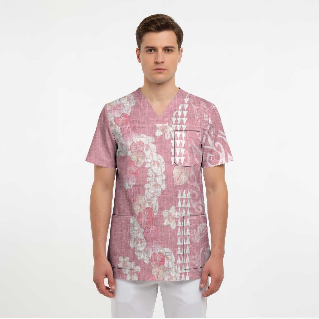 Soft Pink Hawaii Anthurium Plumeria Lei Scrub Top LT9 - Polynesian Pride