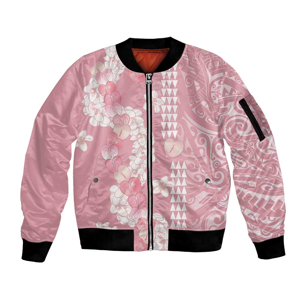 Soft Pink Hawaii Anthurium Plumeria Lei Sleeve Zip Bomber Jacket LT9 Unisex Pink - Polynesian Pride