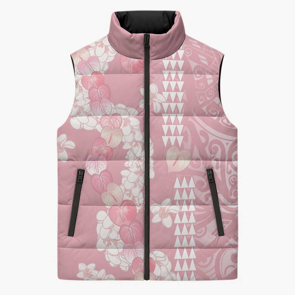 Soft Pink Hawaii Anthurium Plumeria Lei Sleeveless Puffer Jacket LT9 Unisex Pink - Polynesian Pride