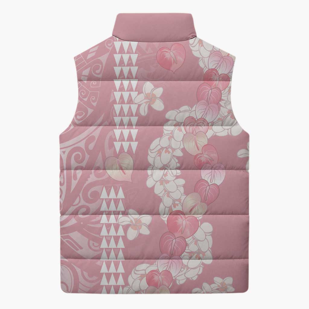 Soft Pink Hawaii Anthurium Plumeria Lei Sleeveless Puffer Jacket LT9 - Polynesian Pride