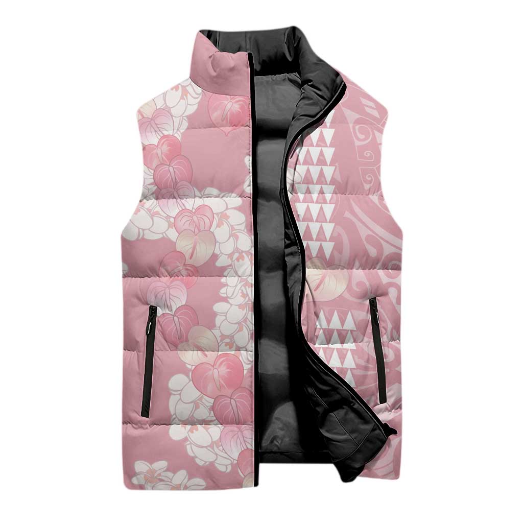 Soft Pink Hawaii Anthurium Plumeria Lei Sleeveless Puffer Jacket LT9 - Polynesian Pride