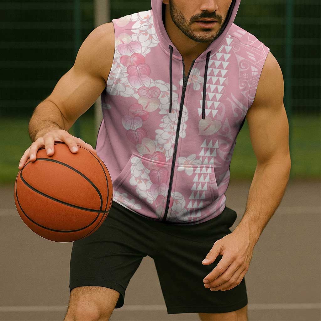 Soft Pink Hawaii Anthurium Plumeria Lei Sleeveless Zip Hoodie LT9 - Polynesian Pride