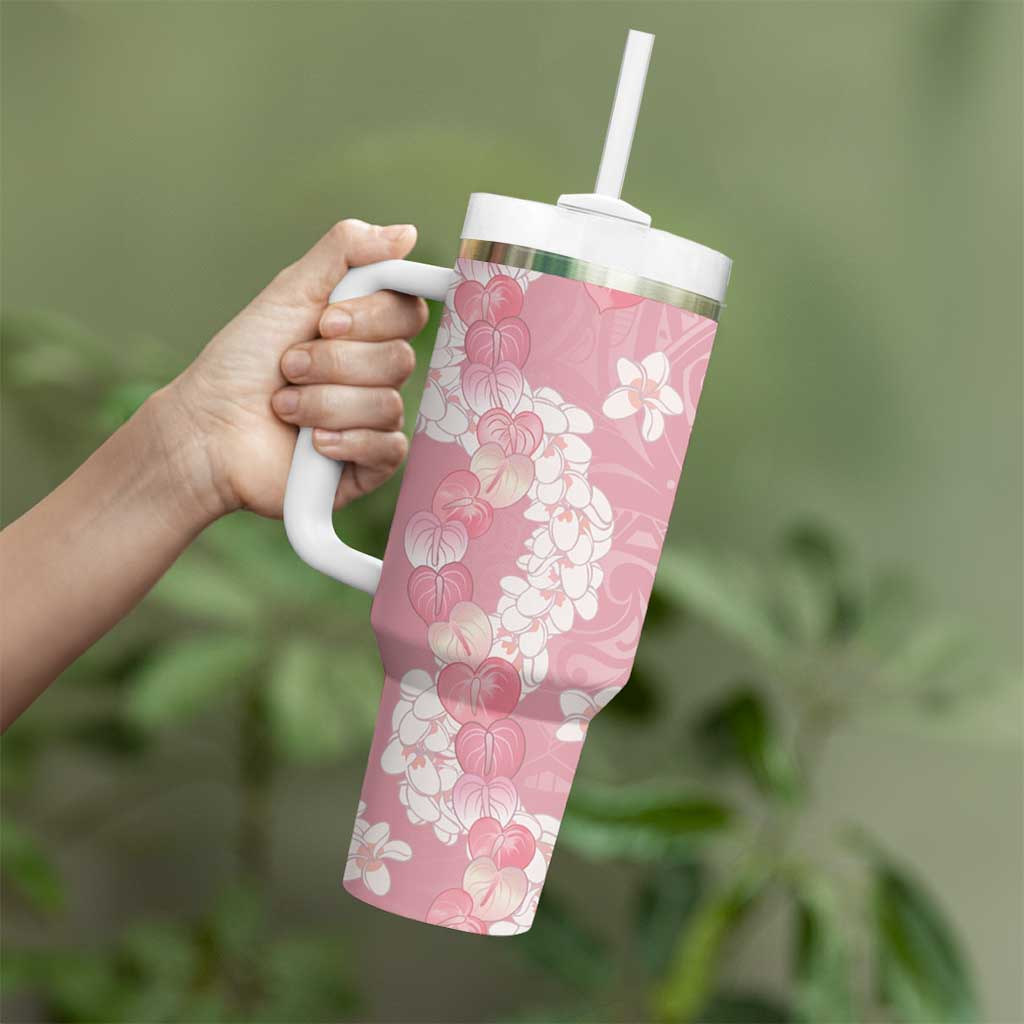 Soft Pink Hawaii Anthurium Plumeria Lei Tumbler With Handle LT9 - Polynesian Pride