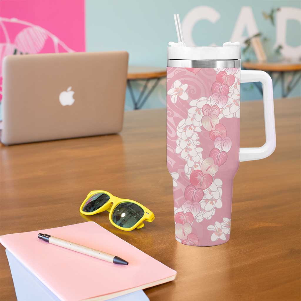 Soft Pink Hawaii Anthurium Plumeria Lei Tumbler With Handle LT9 - Polynesian Pride