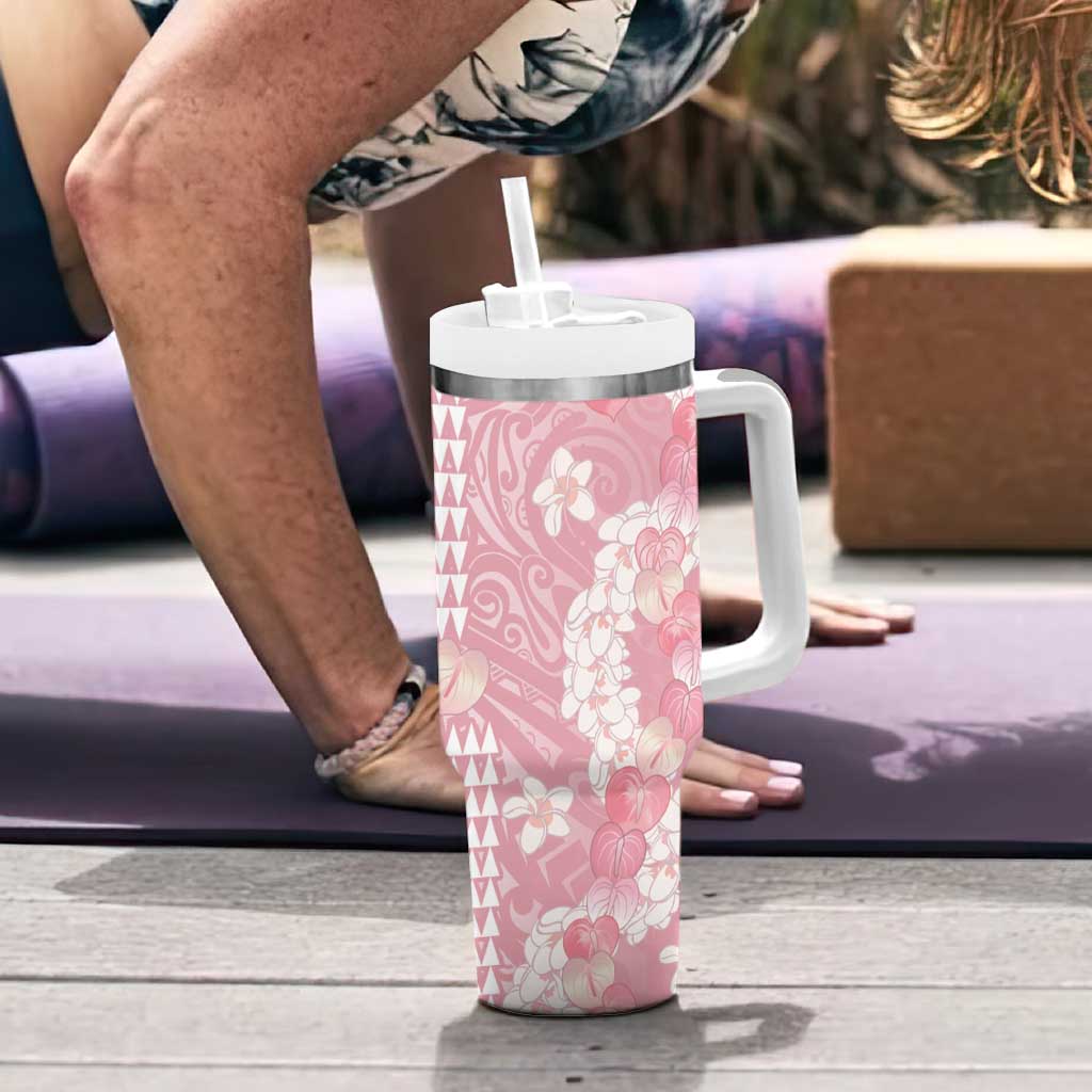 Soft Pink Hawaii Anthurium Plumeria Lei Tumbler With Handle LT9 - Polynesian Pride