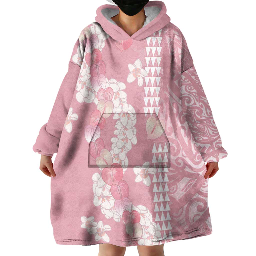 Soft Pink Hawaii Anthurium Plumeria Lei Wearable Blanket Hoodie LT9 - Polynesian Pride