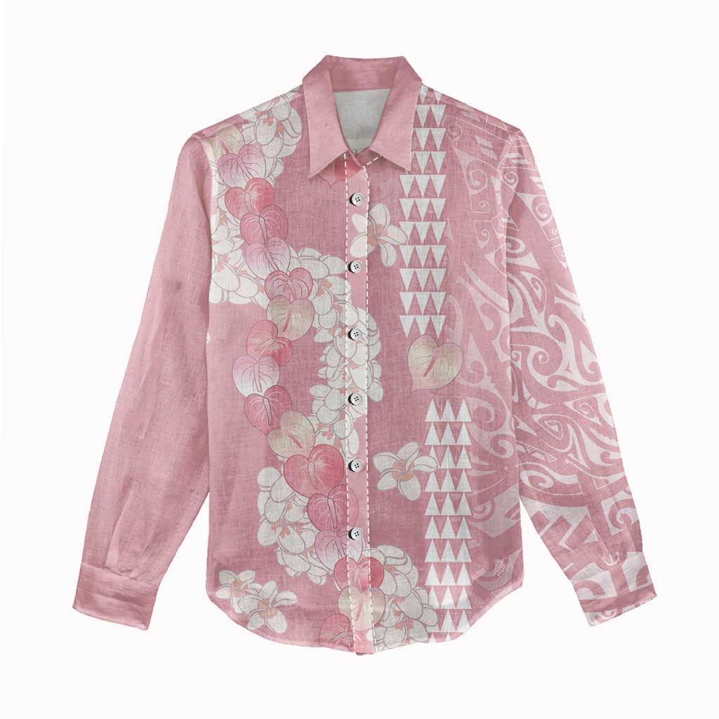 Soft Pink Hawaii Anthurium Plumeria Lei Women Casual Shirt
