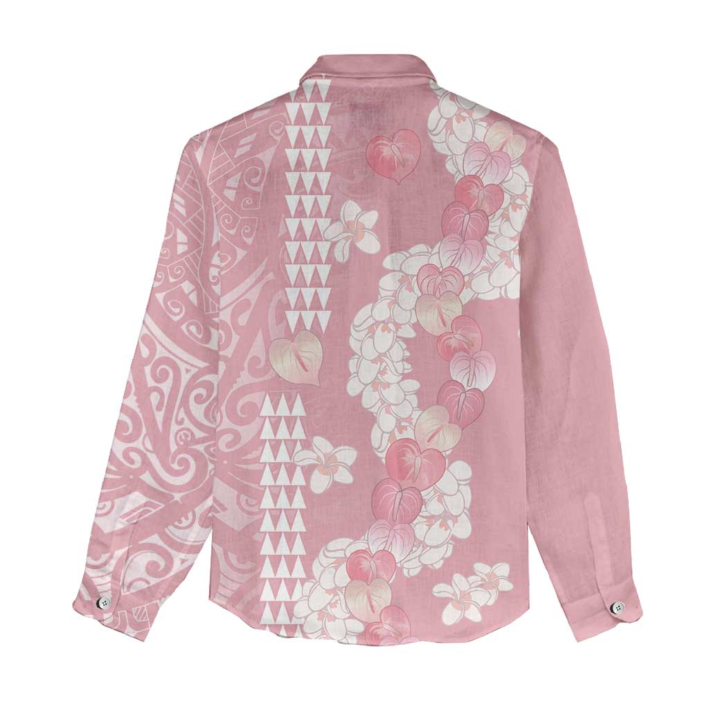 Soft Pink Hawaii Anthurium Plumeria Lei Women Casual Shirt