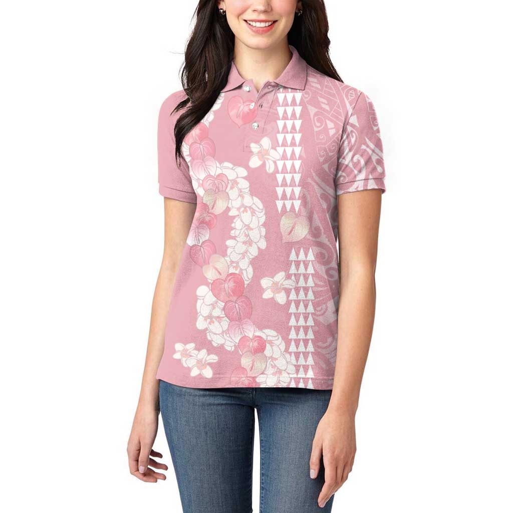Soft Pink Hawaii Anthurium Plumeria Lei Women Polo Shirt LT9 - Polynesian Pride