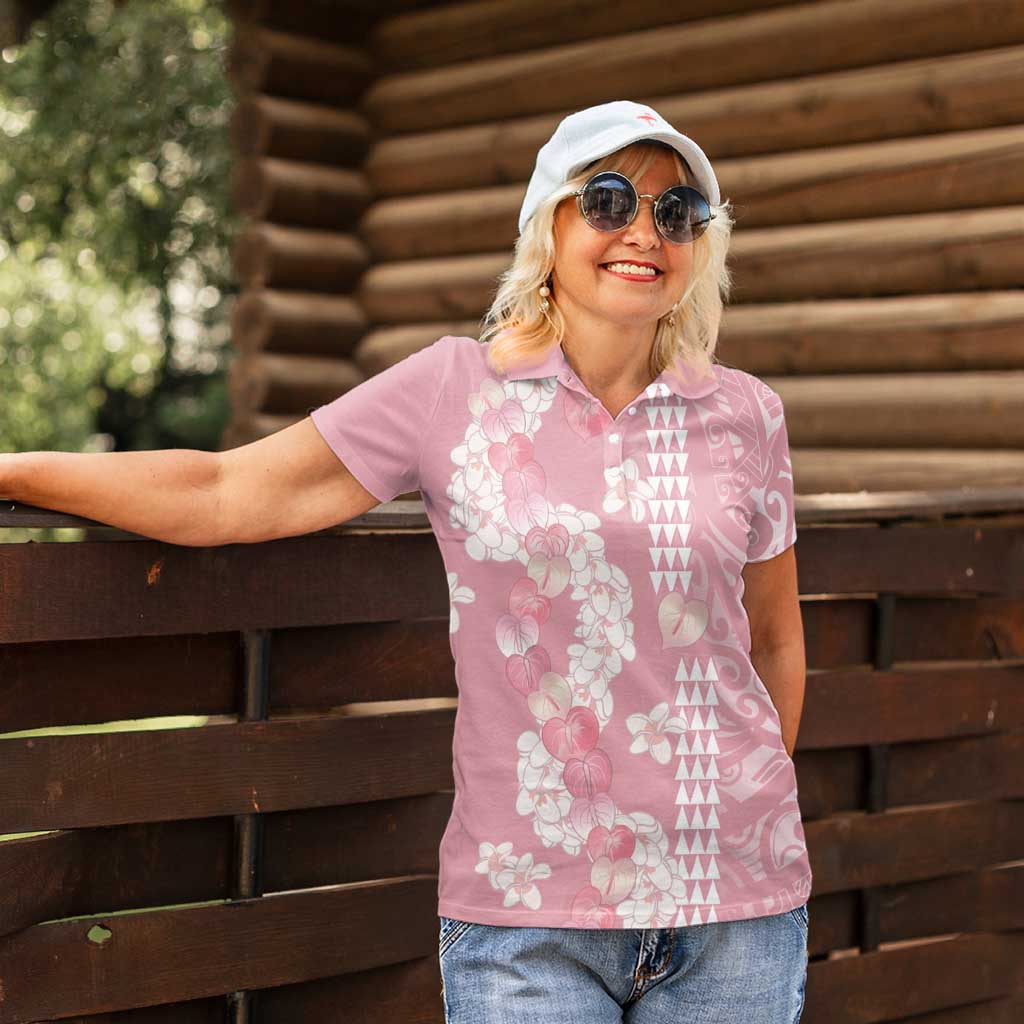 Soft Pink Hawaii Anthurium Plumeria Lei Women Polo Shirt LT9 - Polynesian Pride