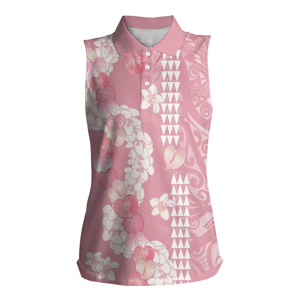 Soft Pink Hawaii Anthurium Plumeria Lei Women Sleeveless Polo Shirt LT9 Female Pink - Polynesian Pride
