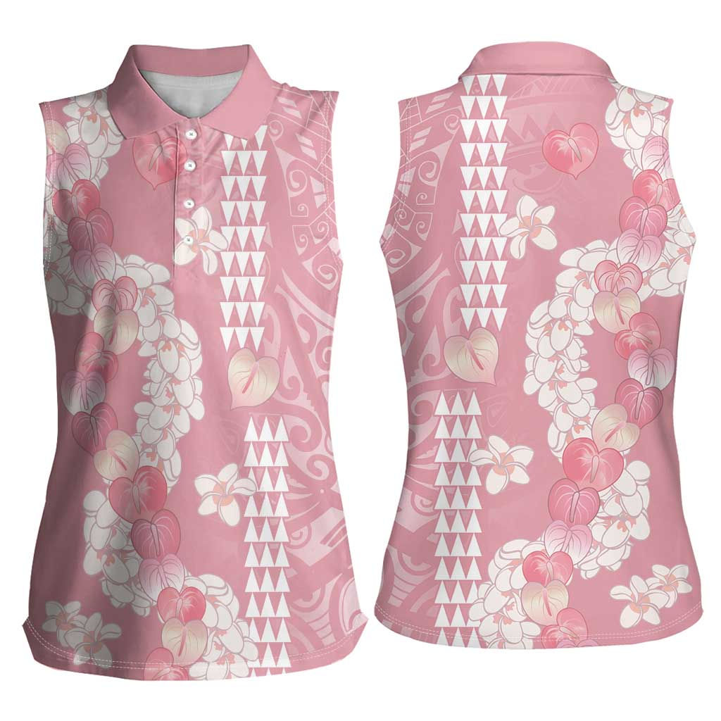 Soft Pink Hawaii Anthurium Plumeria Lei Women Sleeveless Polo Shirt LT9 - Polynesian Pride