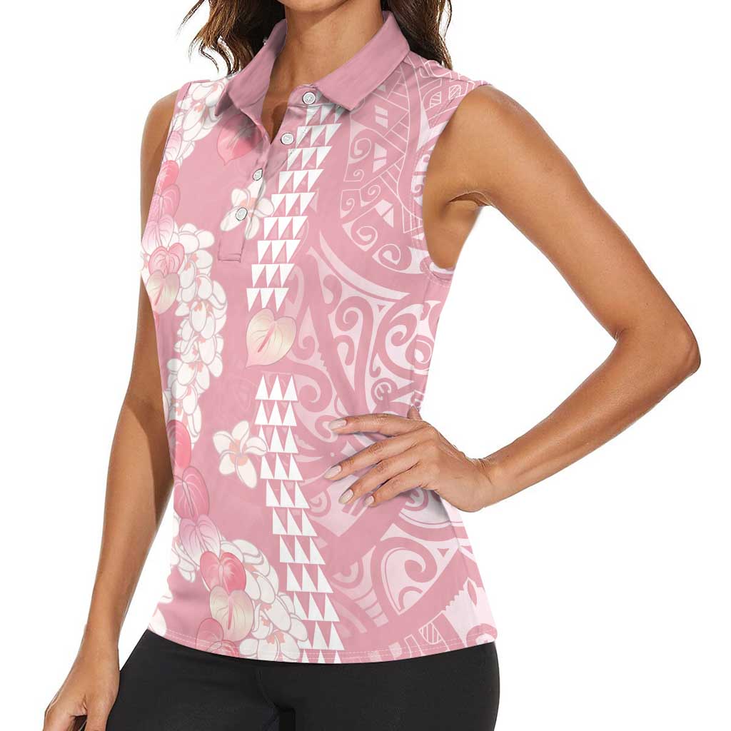 Soft Pink Hawaii Anthurium Plumeria Lei Women Sleeveless Polo Shirt LT9 - Polynesian Pride
