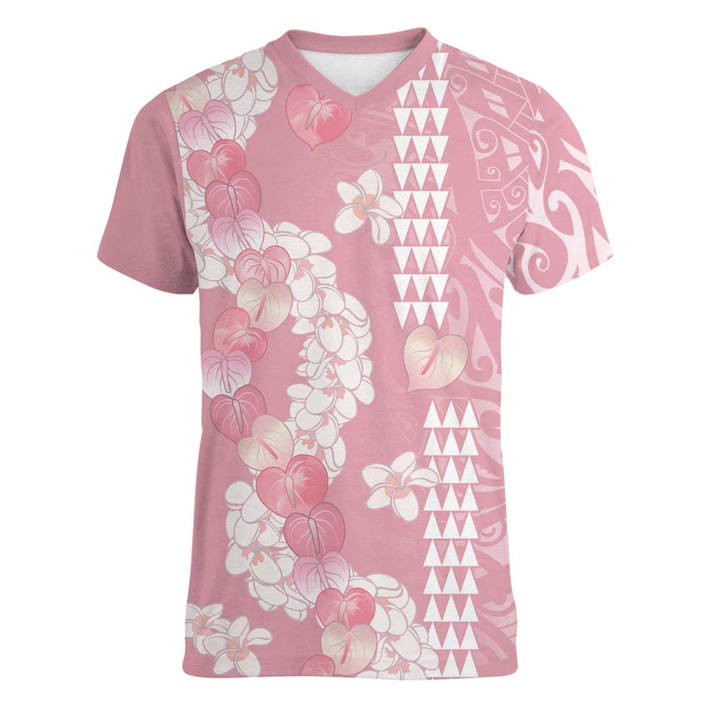 Soft Pink Hawaii Anthurium Plumeria Lei Women V-Neck T-Shirt LT9 Female Pink - Polynesian Pride