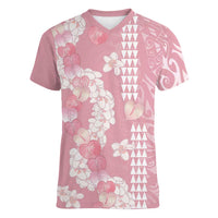 Soft Pink Hawaii Anthurium Plumeria Lei Women V-Neck T-Shirt LT9 Female Pink - Polynesian Pride