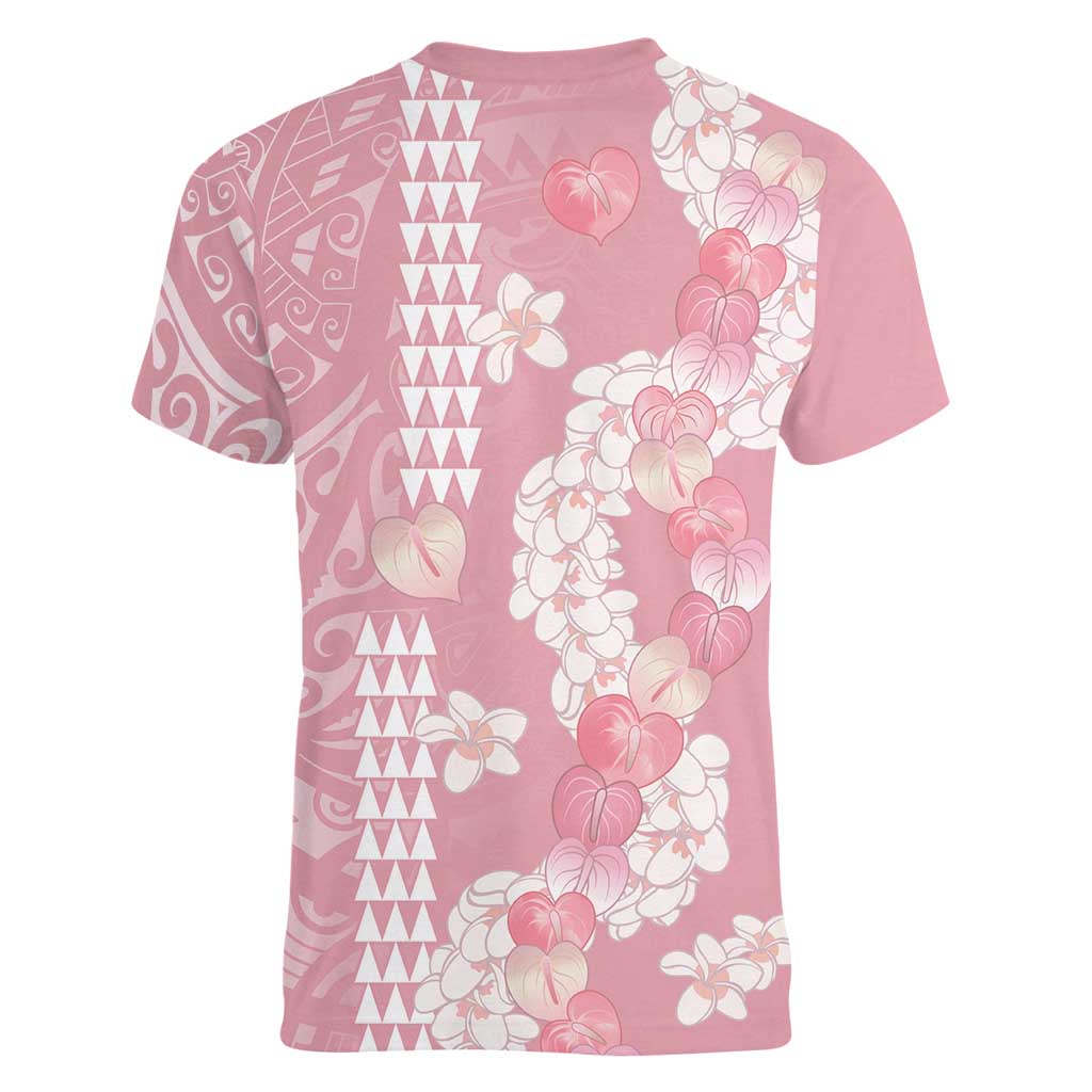 Soft Pink Hawaii Anthurium Plumeria Lei Women V-Neck T-Shirt LT9 - Polynesian Pride