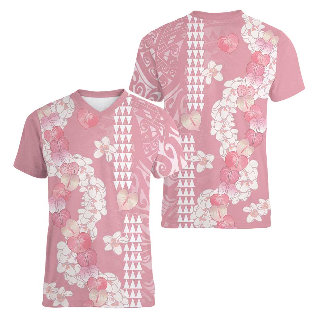 Soft Pink Hawaii Anthurium Plumeria Lei Women V-Neck T-Shirt LT9 - Polynesian Pride