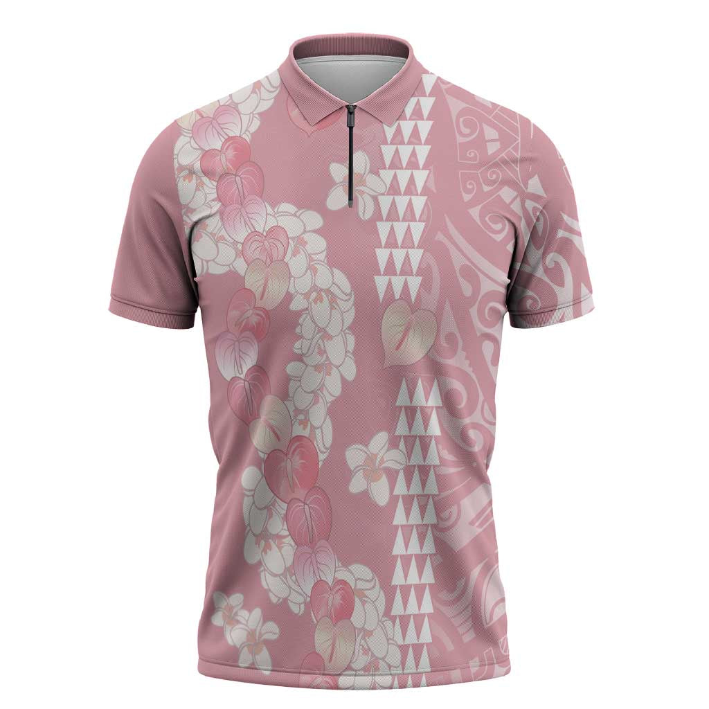 Soft Pink Hawaii Anthurium Plumeria Lei Zipper Polo Shirt LT9 Pink - Polynesian Pride