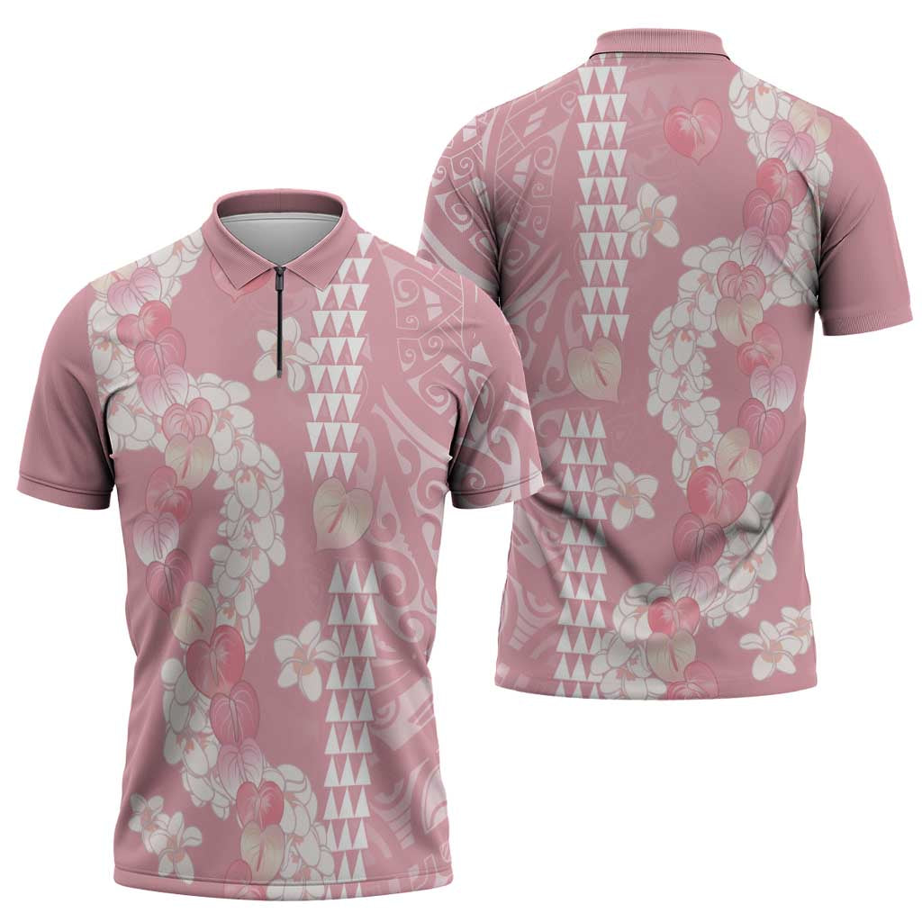 Soft Pink Hawaii Anthurium Plumeria Lei Zipper Polo Shirt LT9 - Polynesian Pride