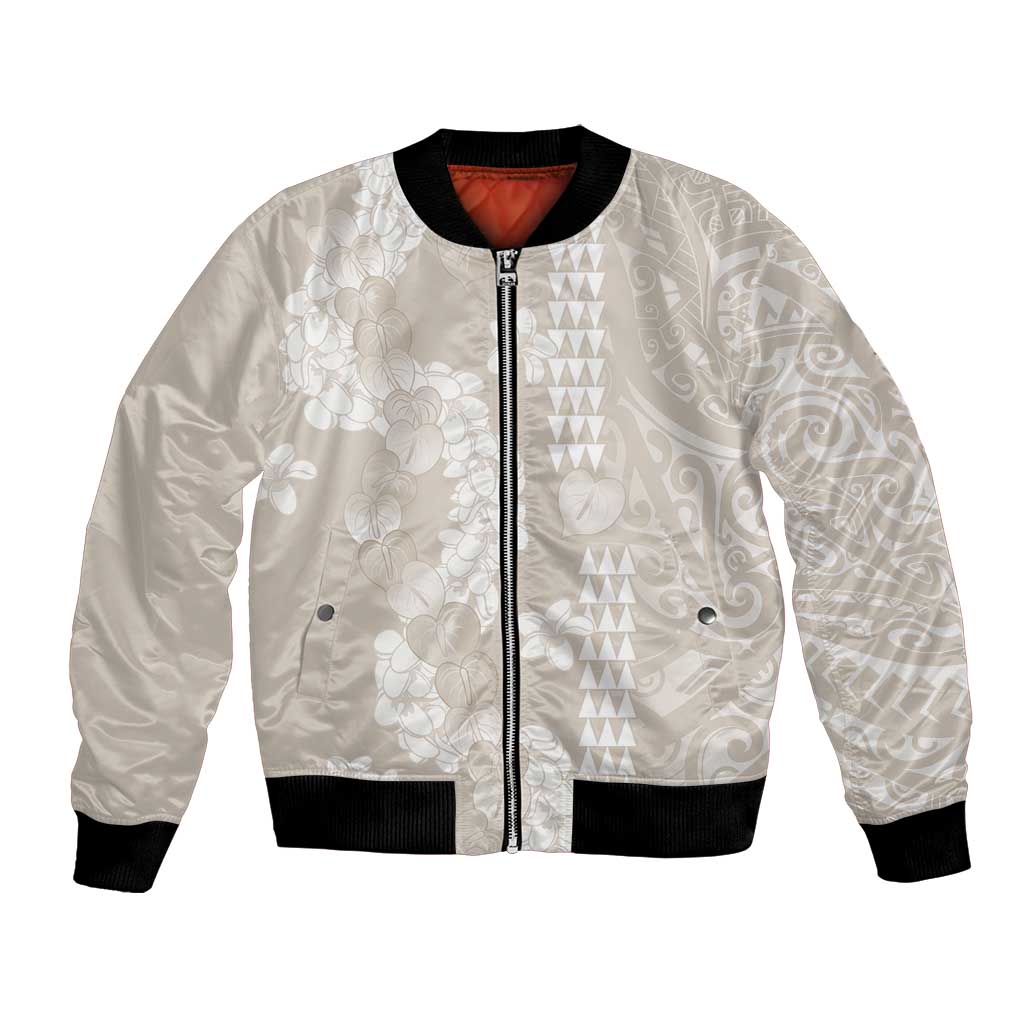 Suede Beige Hawaii Anthurium Plumeria Lei Bomber Jacket LT9 Unisex Beige - Polynesian Pride