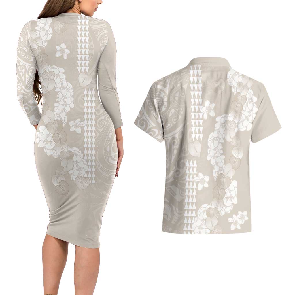 Suede Beige Hawaii Anthurium Plumeria Lei Couples Matching Long Sleeve Bodycon Dress and Hawaiian Shirt