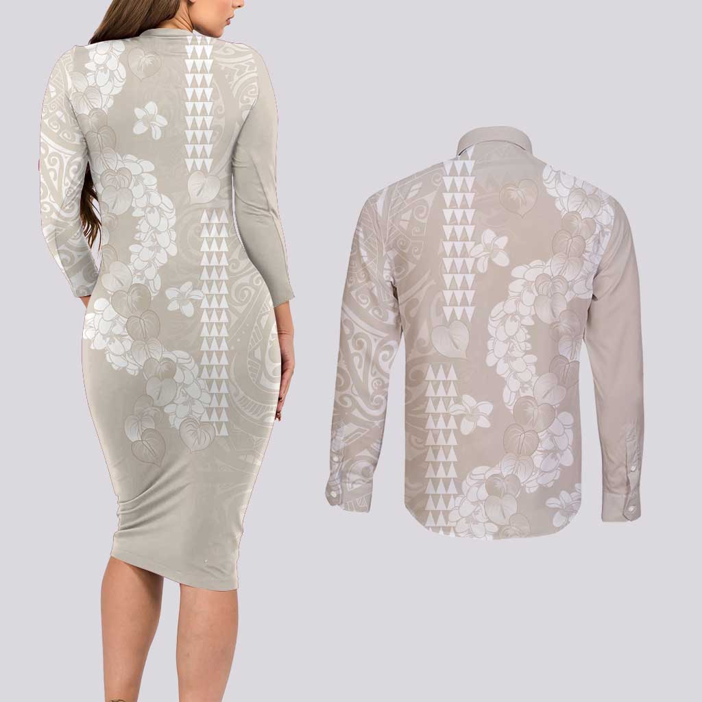 Suede Beige Hawaii Anthurium Plumeria Lei Couples Matching Long Sleeve Bodycon Dress and Long Sleeve Button Shirt