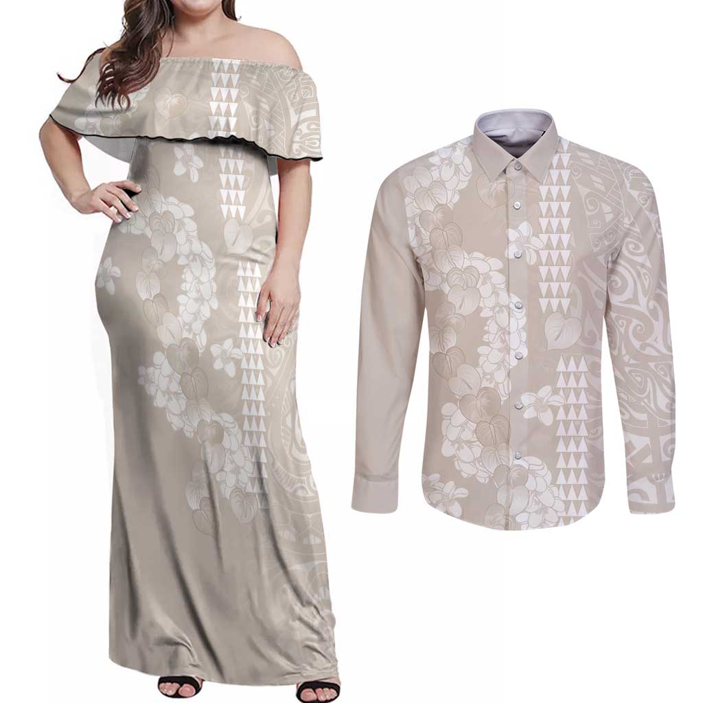 Suede Beige Hawaii Anthurium Plumeria Lei Couples Matching Off Shoulder Maxi Dress and Long Sleeve Button Shirt LT9 Beige - Polynesian Pride