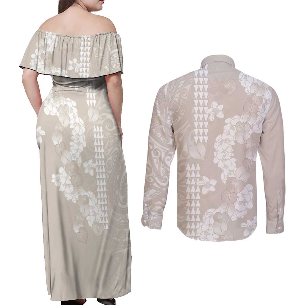 Suede Beige Hawaii Anthurium Plumeria Lei Couples Matching Off Shoulder Maxi Dress and Long Sleeve Button Shirt LT9 - Polynesian Pride