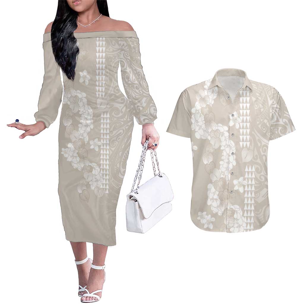 Suede Beige Hawaii Anthurium Plumeria Lei Couples Matching Off The Shoulder Long Sleeve Dress and Hawaiian Shirt