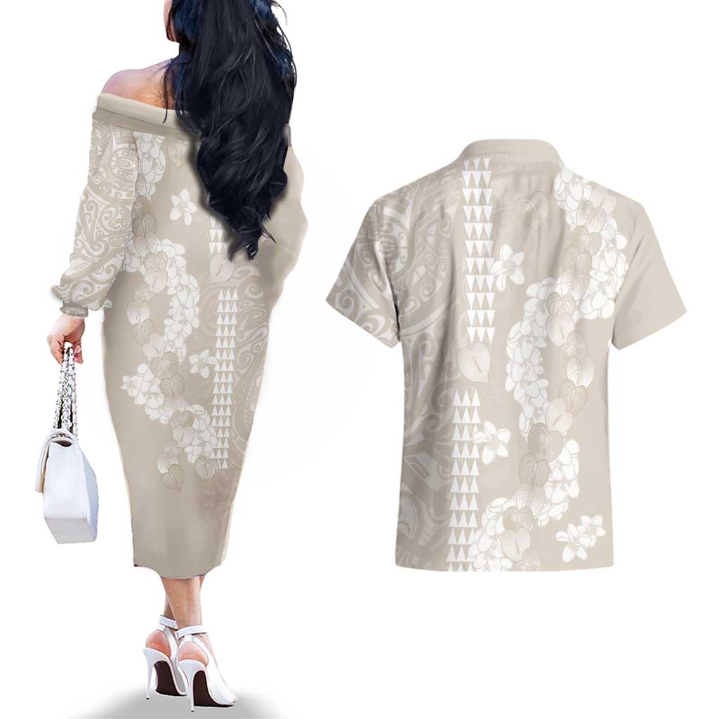 Suede Beige Hawaii Anthurium Plumeria Lei Couples Matching Off The Shoulder Long Sleeve Dress and Hawaiian Shirt