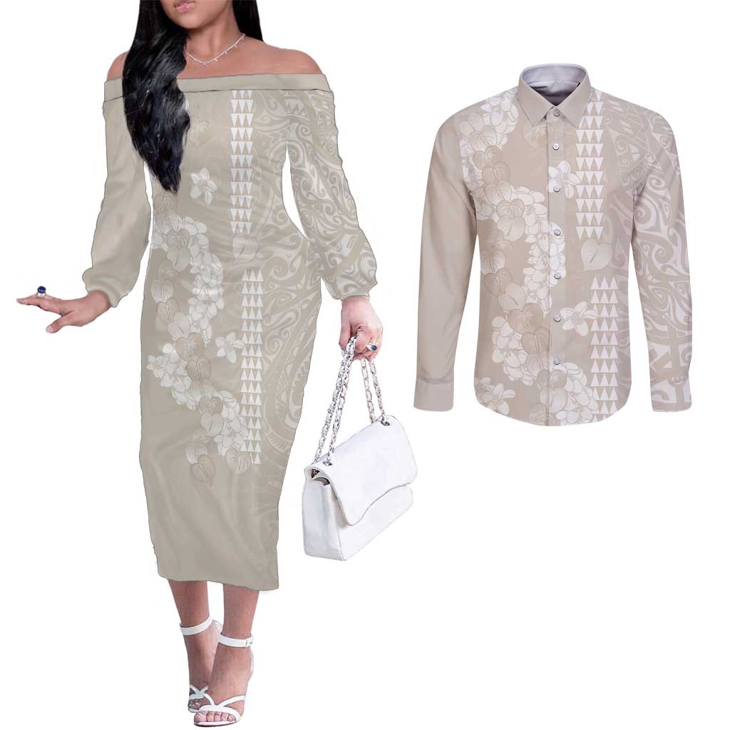 Suede Beige Hawaii Anthurium Plumeria Lei Couples Matching Off The Shoulder Long Sleeve Dress and Long Sleeve Button Shirt