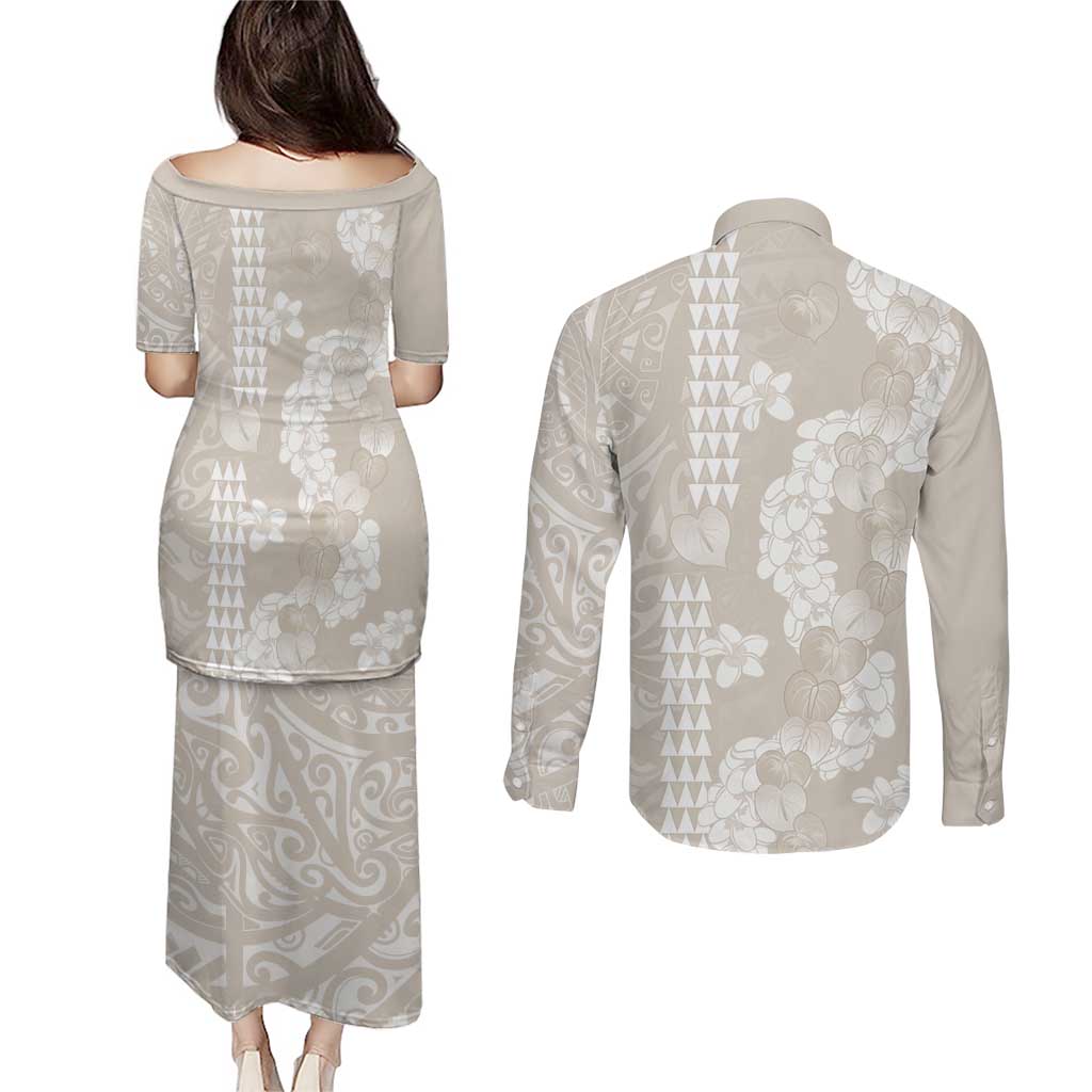Suede Beige Hawaii Anthurium Plumeria Lei Couples Matching Puletasi and Long Sleeve Button Shirt LT9 - Polynesian Pride