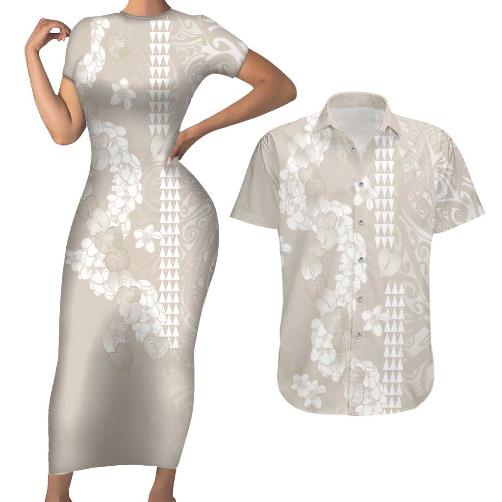 Suede Beige Hawaii Anthurium Plumeria Lei Couples Matching Short Sleeve Bodycon Dress and Hawaiian Shirt