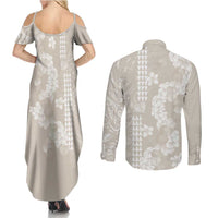 Suede Beige Hawaii Anthurium Plumeria Lei Couples Matching Summer Maxi Dress and Long Sleeve Button Shirt LT9 - Polynesian Pride