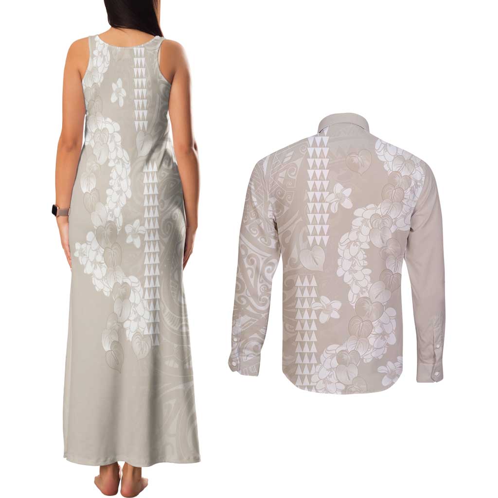 Suede Beige Hawaii Anthurium Plumeria Lei Couples Matching Tank Maxi Dress and Long Sleeve Button Shirt LT9 - Polynesian Pride