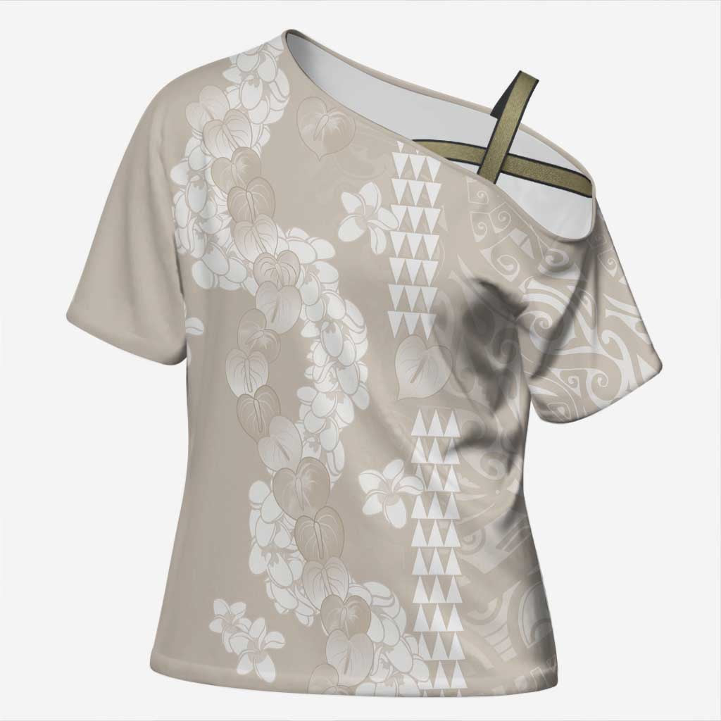 Suede Beige Hawaii Anthurium Plumeria Lei Cross Shoulder Shirt LT9 Female Beige - Polynesian Pride