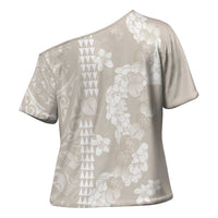Suede Beige Hawaii Anthurium Plumeria Lei Cross Shoulder Shirt LT9 - Polynesian Pride
