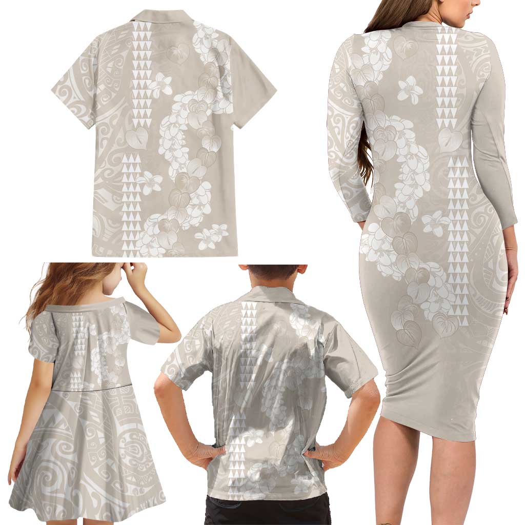 Suede Beige Hawaii Anthurium Plumeria Lei Family Matching Long Sleeve Bodycon Dress and Hawaiian Shirt