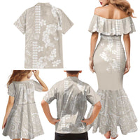 Suede Beige Hawaii Anthurium Plumeria Lei Family Matching Mermaid Dress and Hawaiian Shirt