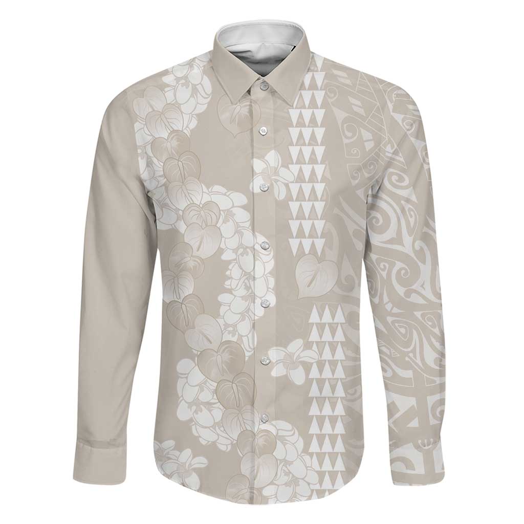 Suede Beige Hawaii Anthurium Plumeria Lei Family Matching Off Shoulder Maxi Dress and Hawaiian Shirt
