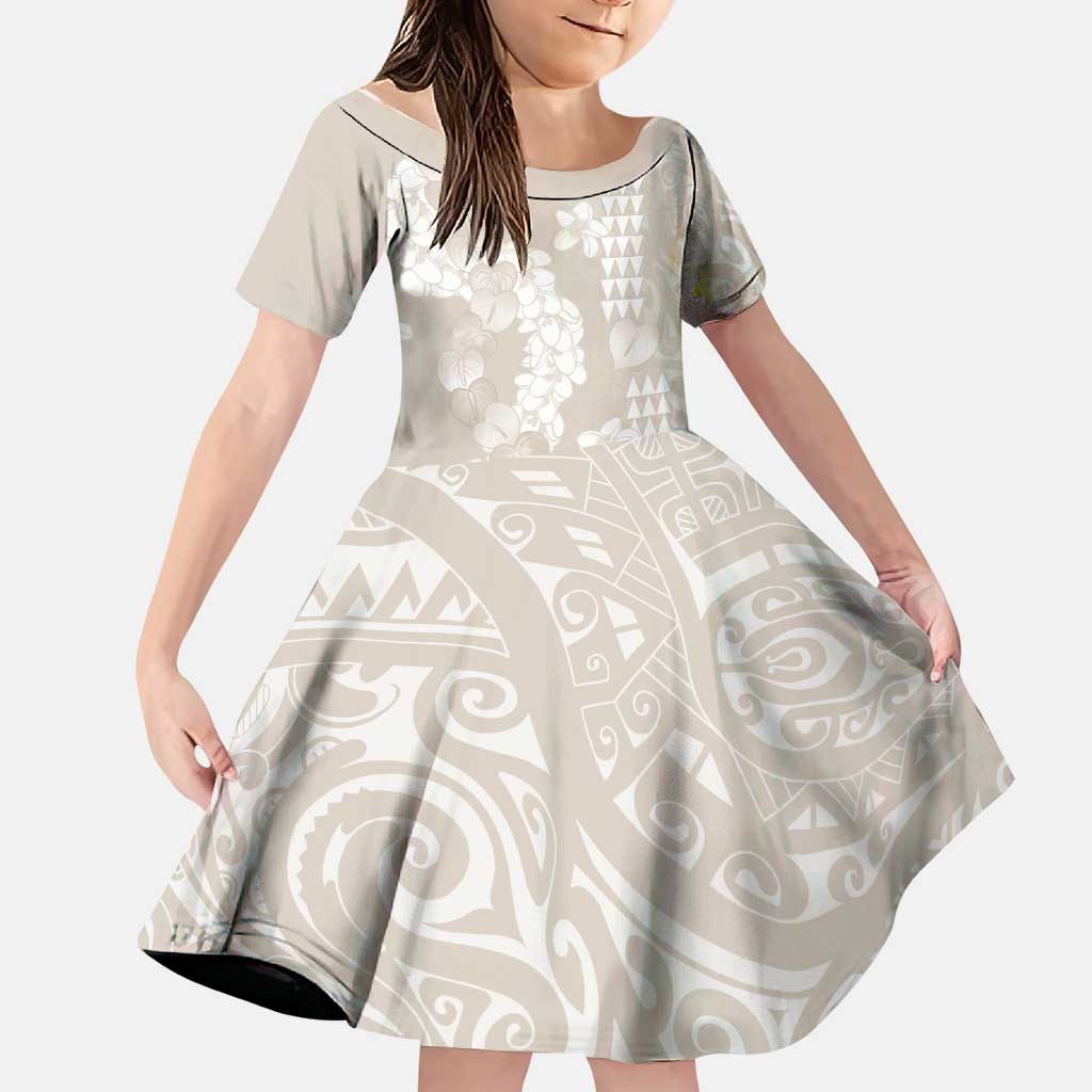 Suede Beige Hawaii Anthurium Plumeria Lei Family Matching Off Shoulder Short Dress and Hawaiian Shirt