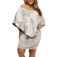 Suede Beige Hawaii Anthurium Plumeria Lei Family Matching Off Shoulder Short Dress and Hawaiian Shirt