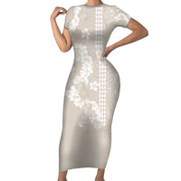 Suede Beige Hawaii Anthurium Plumeria Lei Family Matching Short Sleeve Bodycon Dress and Hawaiian Shirt