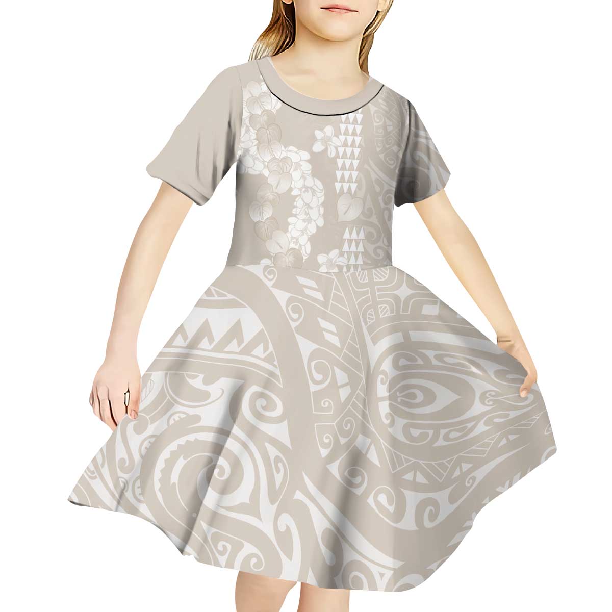 Suede Beige Hawaii Anthurium Plumeria Lei Kid Short Sleeve Dress LT9 - Polynesian Pride
