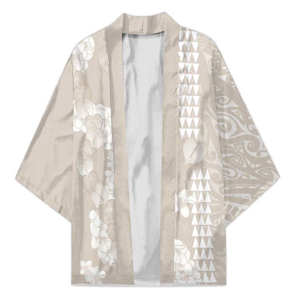 Suede Beige Hawaii Anthurium Plumeria Lei Kimono