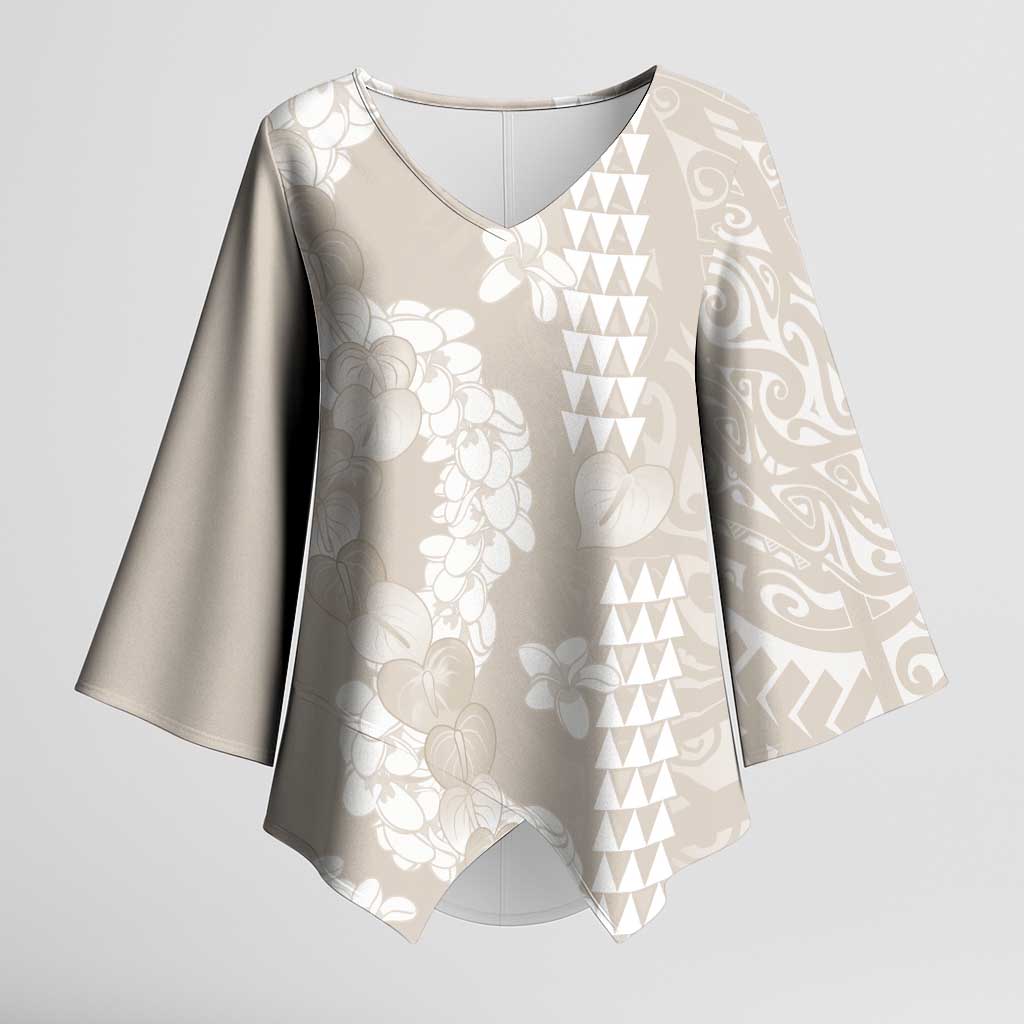 Suede Beige Hawaii Anthurium Plumeria Lei Kimono Sleeve Blouse